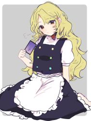 Rule 34 | 100th black market, 1girl, apron, black skirt, black vest, blonde hair, blush, buttons, card, closed mouth, highres, holding, holding card, kirisame marisa, long hair, multicolored buttons, necono (nyu6poko), red eyes, shirt, short sleeves, skirt, solo, touhou, vest, waist apron, white apron, white shirt