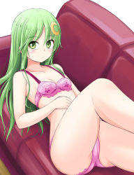 Rule 34 | 1girl, bra, breasts, collarbone, commentary request, couch, crescent, crescent pin, green eyes, green hair, hair between eyes, ichimi, kantai collection, lace, lace bra, long hair, looking at viewer, lying, nagatsuki (kancolle), panties, pink bra, pink panties, sitting, small breasts, solo, underwear, underwear only