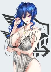 Rule 34 | 1girl, arm under breasts, azur lane, backless dress, backless outfit, bare shoulders, blue hair, blue nails, blush, bracelet, breasts, cleavage, closed mouth, commentary, commission, dress, eagle union (emblem), earrings, english commentary, evening gown, grey dress, grey footwear, hair between eyes, hair ornament, hairclip, halter dress, halterneck, hand up, highres, jewelry, large breasts, nail polish, necklace, no bra, no panties, plunging neckline, purple eyes, revealing clothes, shizuko hideyoshi, side ponytail, sidelocks, silver dress, smile, st. louis (azur lane), st. louis (luxurious wheels) (azur lane), standing, thighs