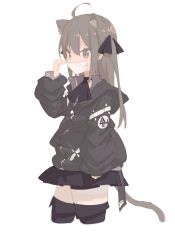Rule 34 | 1boy, absurdres, ahoge, animal ear fluff, animal ears, arm up, black jacket, black skirt, black thighhighs, brown eyes, brown hair, cat ears, cat tail, covered mouth, highres, jacket, long hair, male focus, mask, miniskirt, mouth mask, original, ribbon, shippitsu, simple background, skirt, solo, tail, thighhighs, trap, two side up, white background, zettai ryouiki