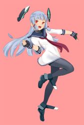 Rule 34 | 10s, 1girl, :d, bad id, bad twitter id, black gloves, black pantyhose, blue hair, blunt bangs, blush, bodysuit, breasts, clenched hand, dress, fingerless gloves, floating, floating hair, floating object, from side, full body, gloves, hair ribbon, happy, headgear, kantai collection, leaning back, leg lift, long hair, murakumo (kancolle), neckerchief, ojipon, open mouth, outstretched arm, pantyhose, pink background, red eyes, ribbon, sailor dress, short dress, sidelocks, simple background, sleeve cuffs, small breasts, smile, solo, thighband pantyhose, tiptoes, tress ribbon, turtleneck, very long hair, white dress