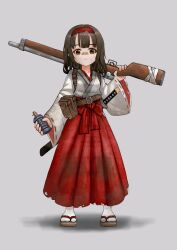 Rule 34 | 1girl, absurdres, bandaid, bandaid on face, bandaid on nose, breasts, brown eyes, brown hair, burnt clothes, chinese commentary, commentary request, dirty, dirty clothes, dirty face, explosive, grenade, gun, hairband, hakama, highres, holding, holding gun, holding weapon, japanese clothes, katana, original, pouch, red hairband, red hakama, ribbon-trimmed sleeves, ribbon trim, rifle, sandals, sheath, small breasts, socks, solo, sword, weapon, white socks, youotaku, zouri