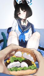 1girl absurdres animal_ear_fluff animal_ears black_hair black_skirt blue_archive blue_halo blue_neckerchief blue_sailor_collar blush breasts burger cat_ears cat_girl collarbone feet feet_in_food food foot_focus foreshortening grey_background grey_eyes halo haori highres holding hyouta_(yoneya) japanese_clothes kikyou_(blue_archive) knees_up long_sleeves looking_at_viewer medium_hair neck_ribbon neckerchief no_shoes off_shoulder parted_bangs pleated_skirt pov ribbon sailor_collar sitting skirt small_breasts socks solo_focus sweatdrop tabi toe_seam toes white_socks