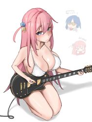 Rule 34 | 2girls, absurdres, bikini, blue eyes, blush, bocchi the rock!, breasts, cable, chibi, cleavage, closed mouth, collarbone, commentary request, cube hair ornament, dadada (hukutsu bot ), electric guitar, full body, gotoh hitori, guitar, hair ornament, highres, holding, holding instrument, holding plectrum, instrument, kneeling, large breasts, long hair, multiple girls, plectrum, side ahoge, skindentation, solo focus, swimsuit, thighs, very long hair, white bikini, yamada ryo