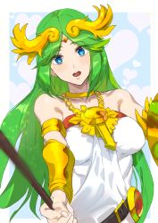 Rule 34 | 1girl, absurdres, armlet, armpit crease, ashiomi masato, bangle, bare shoulders, belt, blue eyes, blush, bracelet, breasts, cleavage, dress, gem, green hair, heart, highres, holding, holding staff, jewelry, kid icarus, kid icarus uprising, large breasts, long hair, neck ring, necklace, nintendo, open mouth, palutena, parted bangs, shield, simple background, smile, solo, staff, standing, strapless, strapless dress, swept bangs, tiara, vambraces, very long hair, white background, white dress