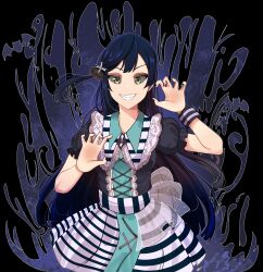 Rule 34 | 1girl, absurdres, alternate eye color, black background, black hair, black nails, claw pose, commentary, commission, earrings, english commentary, green eyes, grin, halloween, highres, jewelry, long hair, looking at viewer, love live!, love live! nijigasaki high school idol club, maze town (love live!), one side up, sharp teeth, smile, solo, teeth, upper body, whin, yuki setsuna (love live!)