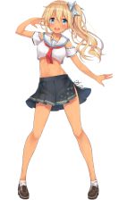 Rule 34 | 1girl, :d, bare arms, bare legs, black skirt, blonde hair, blue eyes, blush, bow, breasts, brown footwear, collarbone, crop top, crop top overhang, full body, go-1, hair between eyes, hair bow, hand up, highres, kamogawa marin, loafers, long hair, looking at viewer, medium breasts, midriff, miniskirt, navel, neckerchief, official art, onsen musume, open mouth, pleated skirt, red neckerchief, sailor collar, shirt, shoes, side ponytail, skirt, smile, socks, solo, standing, stomach, tan, thighs, transparent background, white sailor collar, white shirt, white socks