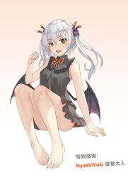 Rule 34 | 1girl, :d, absurdres, ass, bare arms, bare legs, bare shoulders, barefoot, bat wings, black dress, bow, bowtie, breasts, commentary request, convenient leg, do2mi doreimi, dress, fangs, feet, frills, gradient background, hair between eyes, hair ornament, hand up, highres, indie virtual youtuber, knees up, long hair, looking at viewer, nail polish, open mouth, original, pointy ears, red eyes, sidelocks, silver hair, sleeveless, sleeveless dress, small breasts, smile, solo, thighs, twintails, vampire, virtual youtuber, wings