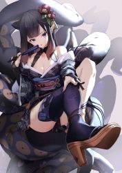 Rule 34 | 1girl, absurdres, aleth, animal ears, bare shoulders, black hair, black kimono, black nails, blunt bangs, bridal gauntlets, feet, flat chest, floral print, flower, folding fan, full body, hair flower, hair ornament, hand fan, hand up, high heels, highres, holding, holding fan, hololive, hololive english, japanese clothes, kimono, long hair, looking at viewer, nail polish, ninomae ina&#039;nis, obi, off shoulder, official alternate costume, open mouth, pointy ears, purple eyes, purple thighhighs, sash, single thighhigh, sitting, solo, tassel, tassel hair ornament, tentacle hair, tentacles, thighhighs, thighs, very long hair, virtual youtuber