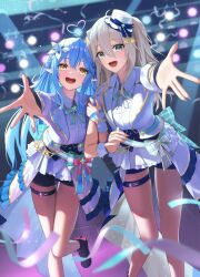 Rule 34 | 2girls, ahoge, animal ears, aqua bow, aqua bowtie, aqua hair, bare legs, black footwear, blue hair, blue headwear, blue nails, blue ribbon, blue shorts, blurry, blurry background, blurry foreground, bow, bowtie, breasts, collared dress, colored inner hair, crossed bangs, depth of field, dress, feet out of frame, flower, foot out of frame, frilled dress, frills, grey eyes, grey hair, grey nails, hair between eyes, hair flower, hair ornament, hair ribbon, heart, heart ahoge, highres, hololive, hololive idol uniform (bright), idol clothes, jacket, large breasts, legs, lion ears, locked arms, long hair, long sleeves, medium breasts, multicolored hair, multiple girls, nail polish, official alternate costume, open mouth, outstretched arm, pink bow, pointy ears, ribbon, shadow, shishiro botan, short shorts, short sleeves, shorts, shorts under dress, stage lights, standing, standing on one leg, star (symbol), striped, striped bow, teeth, thigh strap, tile floor, tiles, tilted headwear, torjun 111, two-tone headwear, upper teeth only, virtual youtuber, white bow, white headwear, white jacket, yellow eyes, yukihana lamy