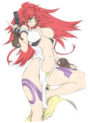 Rule 34 | 1girl, absurdres, arm garter, bare shoulders, black footwear, blush, bow, breasts, brown gloves, center opening, cleavage, collarbone, dress, earrings, fingerless gloves, fingernails, gloves, green eyes, gun, high heels, highres, himeki luna, holding, holding gun, holding weapon, jewelry, large breasts, leg tattoo, long hair, looking at viewer, messy hair, navel, on one knee, parted lips, pelvic curtain, ponytail, red hair, sidelocks, simple background, smile, solo, tattoo, thighs, vanguard princess, weapon, white background, white dress, whoosaku, yellow bow