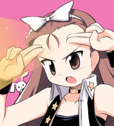 Rule 34 | 00s, 1girl, :o, armpits, bare shoulders, bow, brown eyes, brown hair, collar, cool &amp; sexy (idolmaster), forehead, hair bow, hairband, idolmaster, idolmaster (classic), idolmaster 1, kagura yuuki, looking afar, minase iori, open mouth, pink background, salute, simple background, solo, star (symbol), upper body, vest, white bow