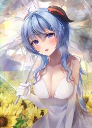 Rule 34 | 1girl, absurdres, ahoge, bare shoulders, blue hair, blush, breasts, cleavage, dress, elbow gloves, flower, fuyoyo, ganyu (genshin impact), genshin impact, gloves, goat horns, gown, highres, horns, large breasts, long hair, looking at viewer, open mouth, purple eyes, sidelocks, smile, solo, sunflower, umbrella, white dress