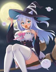 Rule 34 | 1girl, absurdres, animal ears, black bow, blue eyes, blue hair, blush, bow, breasts, broom, broom riding, candy, cat ears, cleavage, covering own mouth, detached sleeves, food, full moon, ghost, hair bow, hair ornament, hairclip, halloween, hat, highres, holding, holding candy, holding food, jack-o&#039;-lantern, large breasts, long hair, looking at viewer, moon, night, noripro, pink bow, riding, sheryama, shirayuki mishiro, simple background, sitting, sky, solo, star (sky), starry sky, thighhighs, virtual youtuber, white thighhighs, witch hat, zettai ryouiki