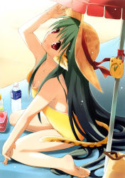 Rule 34 | 1girl, absurdres, animal ears, arm up, bare shoulders, barefoot, beach, bottle, breasts, casual one-piece swimsuit, cleavage, eretto, feet, green hair, hat, highres, long hair, looking up, one-piece swimsuit, original, red eyes, scan, sitting, solo, straw hat, sun hat, swimsuit, tail, tiger ears, tiger tail, very long hair, wariza, water bottle, yellow one-piece swimsuit