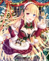 Rule 34 | bell, black legwear, blonde hair, blue eyes, blush, bow, breasts, christmas, christmas ornaments, christmas tree, christmas wreath, cleavage, detached sleeves, falkyrie no monshou, fang, green ribbon, hand on own hip, hat, headdress, heterochromia, large breasts, long hair, looking at viewer, natsumekinoko, official art, open mouth, red bow, red eyes, red hat, red ribbon, ribbon, santa costume, santa hat, smile, stuffed animal, stuffed fox, stuffed toy, teddy bear, thighhighs, wreath