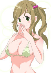 Rule 34 | 1girl, bare shoulders, bikini, blush, breasts, brown hair, cleavage, closed mouth, eyebrows, fang, goa1126, green eyes, hair bobbles, hair ornament, highres, inuyama aoi, large breasts, long hair, looking at viewer, navel, side ponytail, skin fang, smile, solo, standing, swimsuit, thick eyebrows, yurucamp