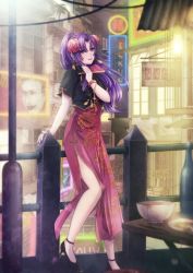 Rule 34 | 1girl, bottle, china dress, chinese clothes, closed mouth, dress, flower, foot out of frame, hair flower, hair ornament, hand fan, high heels, highres, lipstick, long hair, looking at viewer, makeup, mei ling (saga), nail polish, plate, purple eyes, purple hair, saga, saga frontier, shisui alex, smile, solo