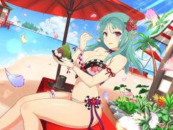 Rule 34 | bare hips, bare legs, bare shoulders, bashou (senran kagura), beach, bikini, breasts, cleavage, eating, food, green hair, hair ornament, highres, ice cream, japanese clothes, knees together feet apart, legs, legs together, looking to the side, open mouth, purple eyes, senran kagura, short hair, side-tie bikini bottom, sideboob, sitting, swimsuit, tea, thick thighs, thighband, thighs, umbrella, yaegashi nan
