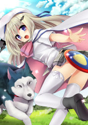 Rule 34 | 1girl, absurdres, blonde hair, blue eyes, boots, bow, cape, censored, convenient censoring, cross-laced footwear, dog, fang, frisbee, hat, highres, lace-up boots, little busters!, long hair, masayu, noumi kudryavka, panties, pantyshot, pink bow, plaid, plaid skirt, school uniform, skirt, solo, strelka, thighhighs, underwear, white thighhighs