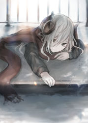 Rule 34 | 1girl, black sweater, brown scarf, closed mouth, commentary request, crack, curled horns, fringe trim, grave, grey eyes, hair between eyes, hasunokaeru, horns, long hair, long sleeves, lying, on side, original, outdoors, outstretched arm, railing, scarf, silver hair, solo, sweater