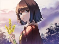 Rule 34 | 1girl, arms at sides, bomber jacket, brown eyes, brown hair, closed mouth, cloud, cloudy sky, d twt b, evening, flower, from side, fur-trimmed jacket, fur trim, hair between eyes, highres, holding, holding flower, jacket, kara no kyoukai, looking at viewer, medium hair, open clothes, open jacket, outdoors, red jacket, ryougi shiki, shirt, sky, smile, solo, tree, upper body, yellow flower, yellow shirt