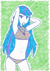 Rule 34 | 1girl, :3, adjusting hair, arms behind head, arms up, bikini, blue hair, breasts, dragonemperror2810, green background, halterneck, hands in hair, hasbro, highres, jewelry, long hair, medium breasts, mouth hold, multicolored hair, my little pony, my little pony: equestria girls, my little pony: friendship is magic, navel, necklace, o-ring, o-ring bikini, pink bikini, purple eyes, purple hair, rubber band, sonata dusk, standing, streaked hair, striped bikini, striped clothes, swimsuit, two-tone hair, yellow bikini