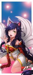 Rule 34 | 1girl, :p, ahri (league of legends), animal ears, bad id, bad pixiv id, black hair, blush, boots, braid, detached sleeves, dress, facial mark, fox ears, fox tail, highres, japanese clothes, league of legends, long hair, long sleeves, multiple tails, one eye closed, open mouth, single braid, sitting, smile, solo, ssalbaram, tail, tongue, tongue out, wink, yellow eyes