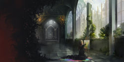 Rule 34 | 1girl, absurdres, altar, arch, architecture, arknights, black dress, broken window, brown hair, cathedral, cloud, darkness, deepcolor (arknights), dress, foliage, gothic architecture, green eyes, highres, la manche, looking away, marble, messy hair, paint, paint splatter, painting (action), painting (object), scarf, sky, smile, statue, sunlight, tentacles, tile floor, tiles
