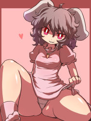 Rule 34 | 1girl, animal ears, bad id, bad pixiv id, black hair, carrot, carrot necklace, curly hair, female focus, hakika, heart, inaba tewi, jewelry, naughty face, necklace, panties, panty lift, panty pull, pendant, rabbit ears, red eyes, short hair, simple background, sitting, smile, solo, thick thighs, thighs, touhou, underwear