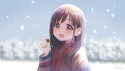 Rule 34 | 1girl, :d, blurry, blurry background, blush, brown eyes, brown hair, clothing request, commentary request, depth of field, food, hand up, holding, holding food, idolmaster, idolmaster shiny colors, long hair, long sleeves, looking at viewer, open mouth, outdoors, red eyes, smile, snow, snowing, solo, sonoda chiyoko, soramame tomu, sweater, upper body