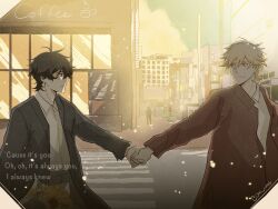 Rule 34 | 2boys, black hair, black suit, blonde hair, bouquet, brown jacket, buddy daddies, building, commentary, crosswalk, day, english commentary, english text, eye contact, flower, formal, highres, holding, holding bouquet, holding hands, jacket, kurusu kazuki, looking at another, male focus, multiple boys, outdoors, shirt, suit, sunflower, suwa rei, twitter username, uminoyurei, white shirt, yaoi