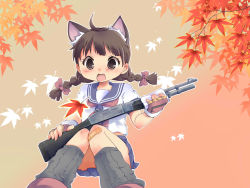 Rule 34 | 1girl, alternate eye color, autumn, bandages, black hair, braid, brown eyes, fang, from below, gun, hair ribbon, leaf, looking at viewer, milly (paperman), oosuzu aoi, open mouth, orange background, paper man, ribbon, rifle, school uniform, skirt, smile, solo, twin braids, weapon