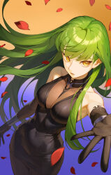 Rule 34 | 1girl, black dress, black gloves, breasts, brown eyes, c.c., code geass, dress, falling petals, floating hair, gloves, gradient background, green hair, highres, iamc95, long hair, looking at viewer, medium breasts, pantyhose, parted lips, pencil dress, petals, reaching, reaching towards viewer, short dress, sleeveless, sleeveless dress, solo