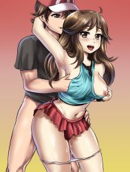 Rule 34 | absurdres, arms up, brown eyes, brown hair, clothed sex, creatures (company), game freak, grabbing, grabbing another&#039;s breast, grabbing from behind, green (pokemon), groping, happy sex, hetero, highres, leonart, looking at viewer, miniskirt, nintendo, nipples, one breast out, panties, panty pull, pokemon, pokemon frlg, pussy juice, red (pokemon), sex, skirt, smile, standing, standing sex, tongue, tongue out, underwear