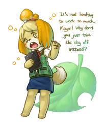 Rule 34 | 1girl, :o, animal crossing, blush stickers, clipboard, collateral damage studios, dog, dog girl, english text, furry, furry female, isabelle (animal crossing), leaf, multicolored hair, nintendo, open mouth, skirt, solo, standing, tail, topknot, two-tone hair, waha (artist)