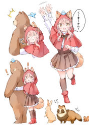 Rule 34 | !, 1girl, :d, :o, afterimage, animal, animal ears, animal hug, animal on head, bear, bird, bluebird, blush, boots, brown eyes, brown skirt, brown socks, capelet, center frills, closed eyes, closed mouth, commentary request, fang, frilled skirt, frills, hair between eyes, hood, hood up, hooded capelet, hug, hug from behind, kneehighs, long hair, multiple views, on head, open mouth, original, pink hair, pleated skirt, rabbit, raccoon, red capelet, red footwear, shirt, simple background, skirt, smile, socks, squirrel, standing, standing on one leg, tail, wataame27, waving, white background, white shirt, wolf-chan (wataame27), wolf ears, wolf girl, wolf tail
