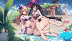 Rule 34 | 1boy, 5girls, absurdres, anklet, ass, bare legs, barefoot, beach, bikini, black hair, blindfold, blonde hair, blue bikini, blue bow, blue eyes, blue headwear, blue leotard, blurry, blurry foreground, blush, bow, breasts, cleavage, closed mouth, cloud, couple, crab, dark-skinned female, dark skin, day, depth of field, eyepatch, fischl (genshin impact), flower, full body, genshin impact, grass, hair bow, hair over one eye, hand on another&#039;s thigh, hand on own chin, hat, hat flower, highres, jewelry, kaedehara kazuha, large breasts, leotard, long hair, lumine (genshin impact), medium breasts, mona (genshin impact), multiple girls, navel, outdoors, paimon (genshin impact), plant, red bikini, red eyes, red flower, side-tie bikini bottom, sitting, smile, starfish, swimsuit, tiara, twintails, very long hair, white bikini, witch hat, xingchee, xinyan (genshin impact), yuri