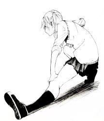 Rule 34 | 1girl, black footwear, black legwear, black skirt, blonde hair, exercising, from side, hands on own legs, highres, long hair, ogino jun, original, pleated skirt, shadow, shoes, skirt, sleeves rolled up, sneakers, solo, squatting, stretching, sweater vest, twintails, white background