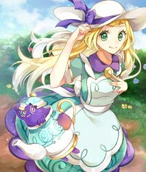 Rule 34 | 1girl, apron, blonde hair, closed mouth, cloud, commentary, creatures (company), day, dress, eyelashes, flower, game freak, gen 8 pokemon, grass, green dress, green eyes, hand on headwear, hat, hat ribbon, highres, lillie (pokemon), lillie (special costume) (pokemon), long hair, looking at viewer, nintendo, official alternate costume, outdoors, pokemon, pokemon (creature), pokemon masters ex, polteageist, purple ribbon, ribbon, short sleeves, sky, smile, white headwear, yellow flower, yomogi (black-elf)