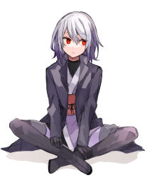 Rule 34 | 1girl, black footwear, black gloves, black jacket, black thighhighs, boots, closed mouth, full body, gloves, grey hair, hair between eyes, highres, jacket, japanese clothes, kimono, looking away, looking to the side, obi, open clothes, open jacket, original, purple kimono, red eyes, sash, shadow, sitting, solo, thigh boots, thighhighs, tori (10ri), white background