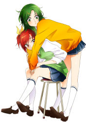 Rule 34 | 2girls, alternate hairstyle, bow, cosplay, costume switch, green eyes, green hair, green sweater vest, hair bow, hair ornament, hairclip, hino akane (cosplay), hino akane (smile precure!), hino akane (smile precure!) (cosplay), hug, hug from behind, kneehighs, midorikawa nao, midorikawa nao (cosplay), miniskirt, multiple girls, orange shirt, ponytail, precure, red eyes, red hair, school uniform, shirt, sitting, skirt, sleeves rolled up, smile precure!, socks, stool, sweater, sweater vest, tima, vest, white legwear