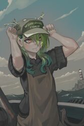 Rule 34 | 1girl, baseball cap, ceres fauna, cloud, commentary, day, dredge (video game), english commentary, green hair, green nails, hat, highres, hololive, hololive english, lighthouse, mole, mole under eye, ocean, outdoors, paintrfiend, sky, solo, virtual youtuber, water, yellow eyes