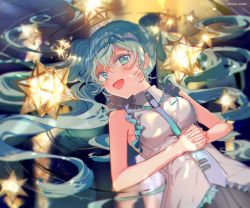 Rule 34 | 1girl, :d, aqua eyes, aqua hair, bare arms, blush, commentary request, fingernails, hair between eyes, hand on own stomach, hatsune miku, highres, interlocked fingers, long hair, looking at viewer, makoji (yomogi), multicolored neckwear, necktie, open mouth, own hands together, smile, solo, star (symbol), very long hair, vocaloid
