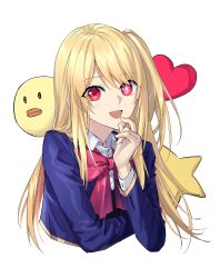 Rule 34 | 1girl, :d, absurdres, blonde hair, blue jacket, bow, collared shirt, cropped torso, hand to own mouth, hand up, heart, highres, hoshino ruby, jacket, long hair, long sleeves, looking at viewer, mismatched pupils, one side up, open mouth, oshi no ko, pieyon, red bow, red eyes, school uniform, shirt, simple background, smile, solo, star-shaped pupils, star (symbol), suprii, symbol-shaped pupils, upper body, white background, white shirt, youtou high school uniform