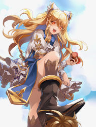 Rule 34 | 10s, 1girl, blonde hair, blue dress, blue sky, boots, bow, box, cloud, commentary request, day, dress, eredhen, femdom, foot on head, from below, gift, gift box, granblue fantasy, hair bow, heart, heart-shaped box, heart-shaped pupils, highres, long hair, open mouth, pov, puffy short sleeves, puffy sleeves, red eyes, shirt, short sleeves, sky, smile, solo focus, stepped on, symbol-shaped pupils, upskirt, valentine, very long hair, vira (granblue fantasy), wavy hair, wrist cuffs