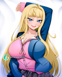 Rule 34 | 1girl, arm behind head, artist name, black skirt, blonde hair, blue eyes, blue jacket, blush, breasts, cardigan, cleavage, collarbone, commentary, cowlick, dakimakura (medium), dosanko gal wa namaramenkoi, english commentary, fuyuki minami, huge breasts, jacket, large breasts, long hair, looking at viewer, lying, mitgard-knight, mixed-language commentary, on bed, open mouth, pink cardigan, red ribbon, ribbon, skirt, sleeves past wrists, smile, solo, very long hair, watermark