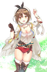 Rule 34 | 1girl, :d, atelier (series), atelier ryza, atelier ryza 1, belt, beret, blush, boots, bracelet, breasts, brown eyes, brown footwear, brown gloves, brown hair, cleavage, collarbone, flask, gloves, hair ornament, hairclip, hands up, hat, highres, jewelry, looking at viewer, medium breasts, midriff, necklace, open mouth, red shorts, reisalin stout, satou satoru, shirt, short hair, short shorts, shorts, single glove, smile, solo, star (symbol), test tube, thigh boots, thighhighs, thighhighs under boots, thighs, white hat, white shirt, white thighhighs