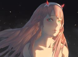 Rule 34 | 10s, 1girl, bad id, bad pixiv id, bare shoulders, black background, closed mouth, collarbone, darling in the franxx, eyeliner, floating hair, green eyes, hairband, harng1239, head tilt, highres, horns, lips, long hair, looking at viewer, makeup, oni horns, pink hair, portrait, simple background, solo, white hairband, zero two (darling in the franxx)