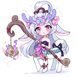 Rule 34 | 1girl, breasts, centaur, chibi, forest, league of legends, lillia (league of legends), lips, nature, pointy ears, reindeer girl, spirit blossom lillia, staff, tail, taur, white hair